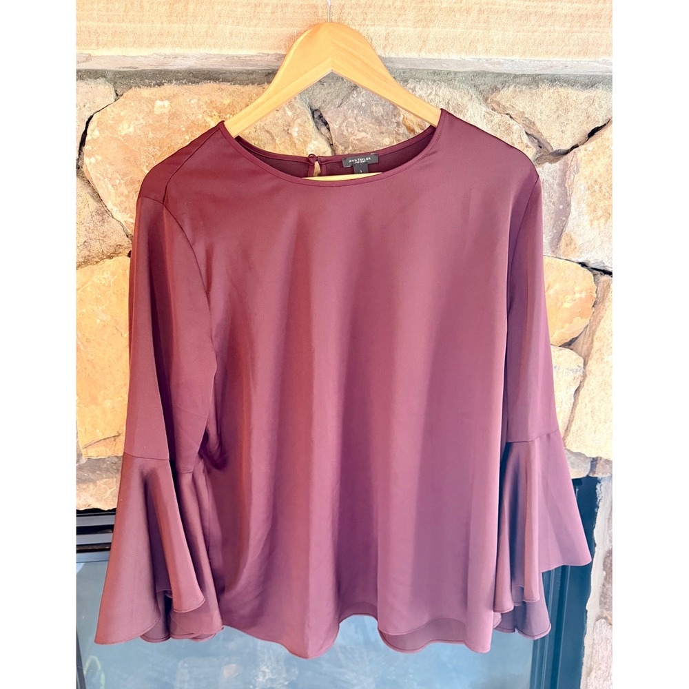 Ann Taylor Burgundy Bell Sleeve Blouse Matte Satin Top Wine Red Large